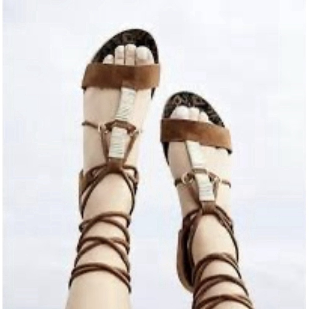 Free People FP Fiji Tie Sandals Lace Up  Wraparound Brown Suede Gold Sz EU37 US7